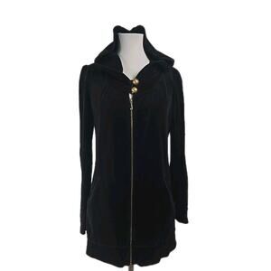 Juicy Couture Black Velour Zipper Front Long Length Hooded Sweater Jacket XL